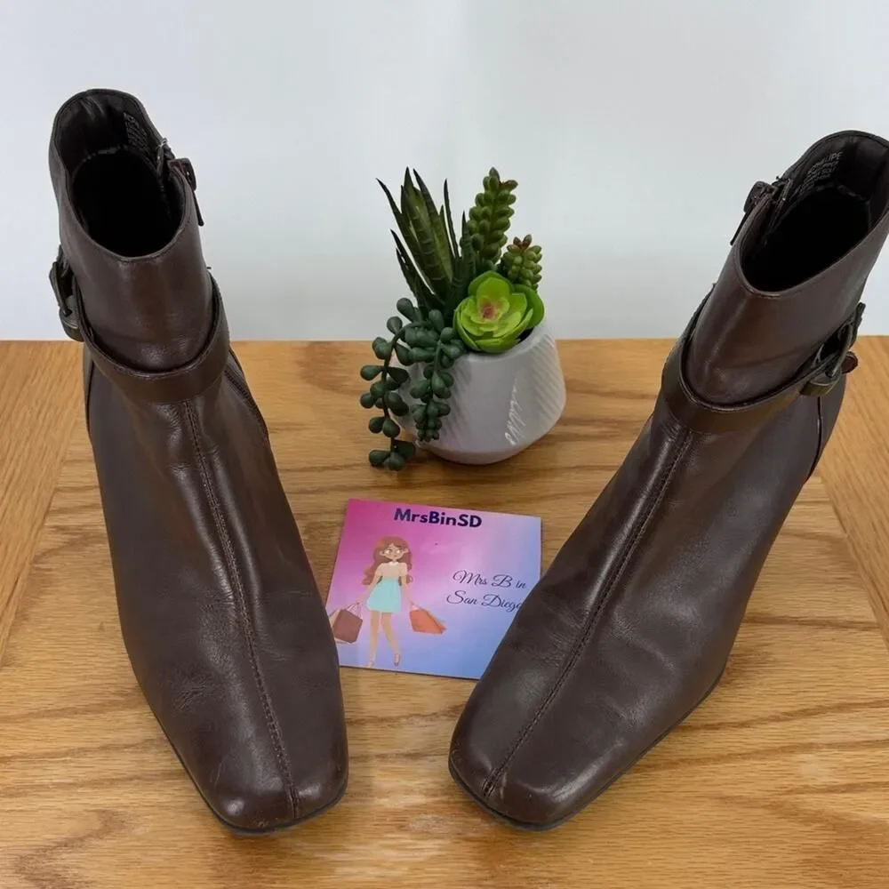 Nine & Co. Leather Heeled Zippered Ankle Boots Booties - Brown - Women's 8.5