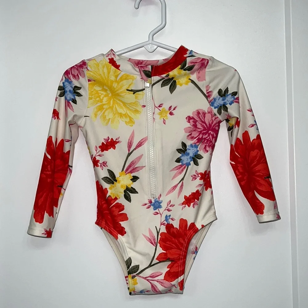 Old Navy Cream Floral Long-Sleeve Kids Rashguard with Red, Yellow & Pink Flowers