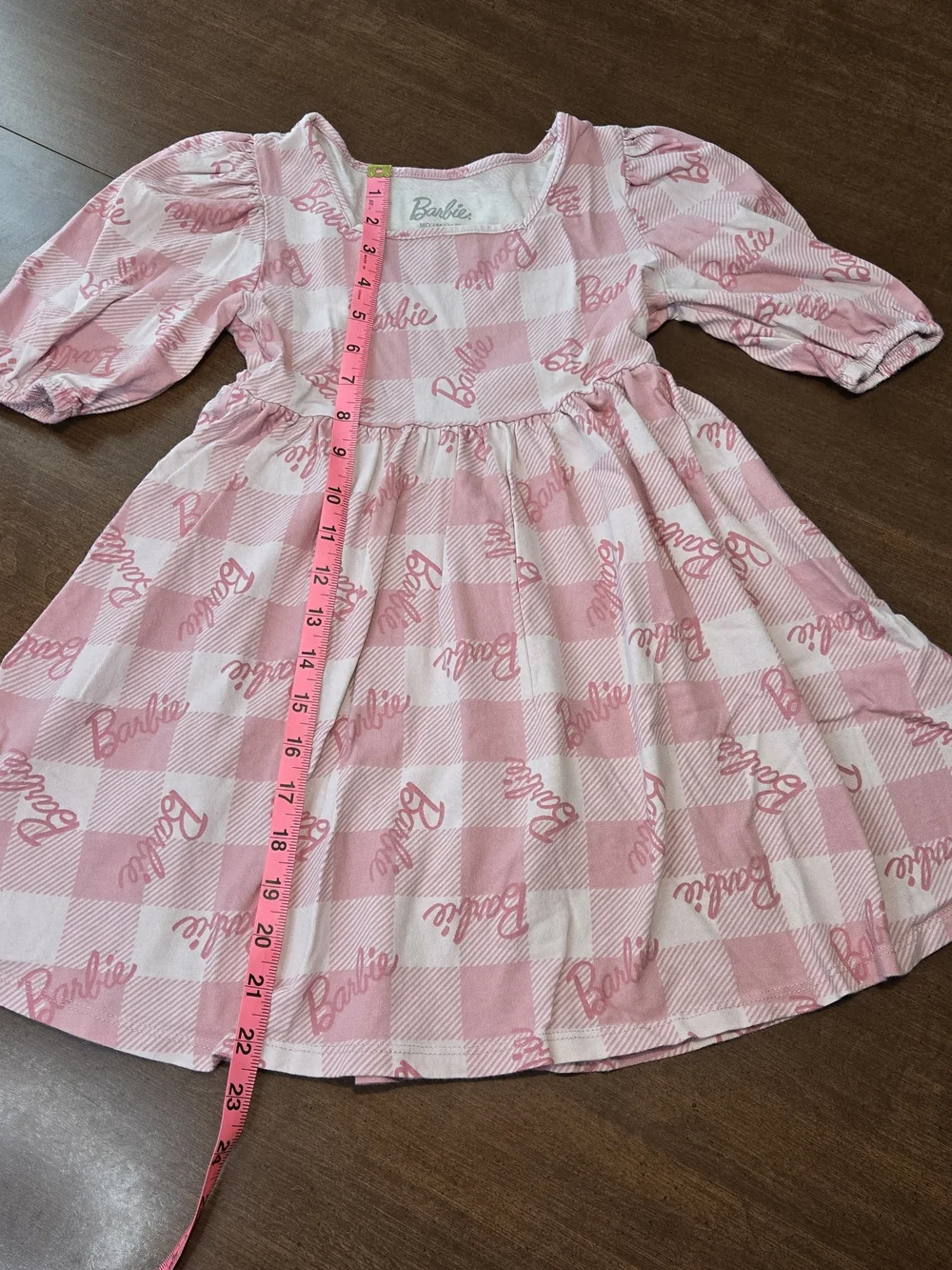 Barbie Girls Pink White Check Logo Graphic Puff Sleeve Fit & Flare Dress Medium