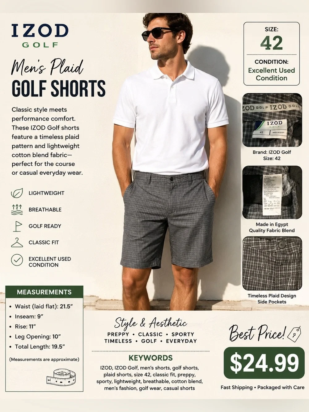 Izod Men’s Gray Plaid Flat Front Shorts