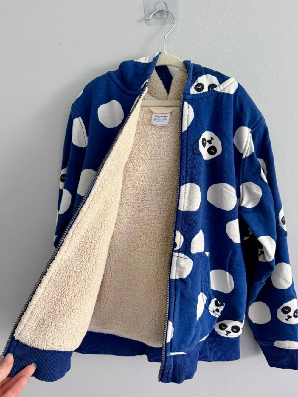 Hanna Andersson Blue Panda Sherpa Lined Zip Hoodie Size 8
