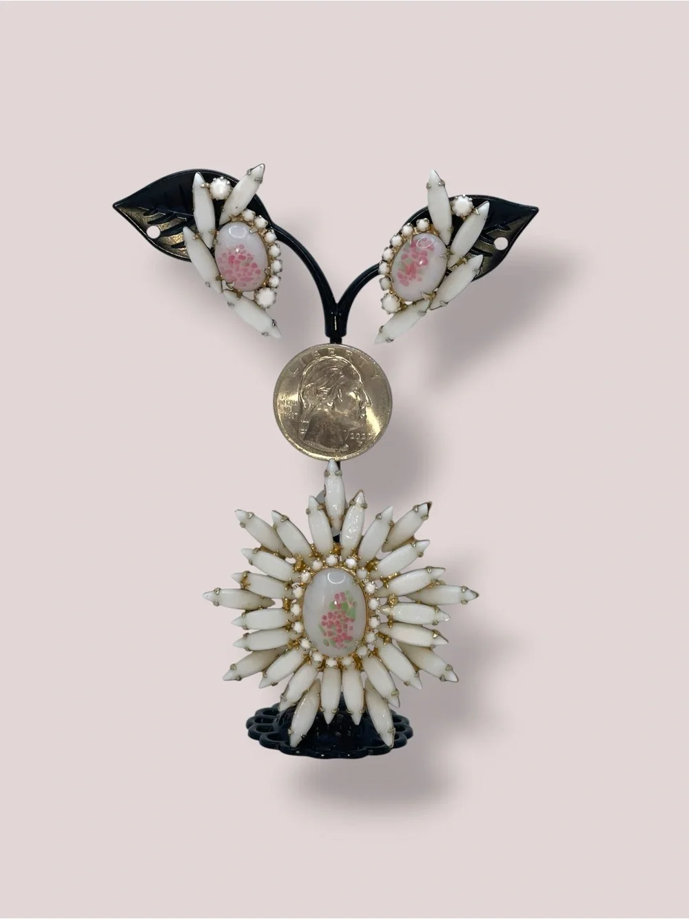 Vintage Judy Lee Milk Glass Sunburst Brooch & Clip Earrings Demi Parure Set