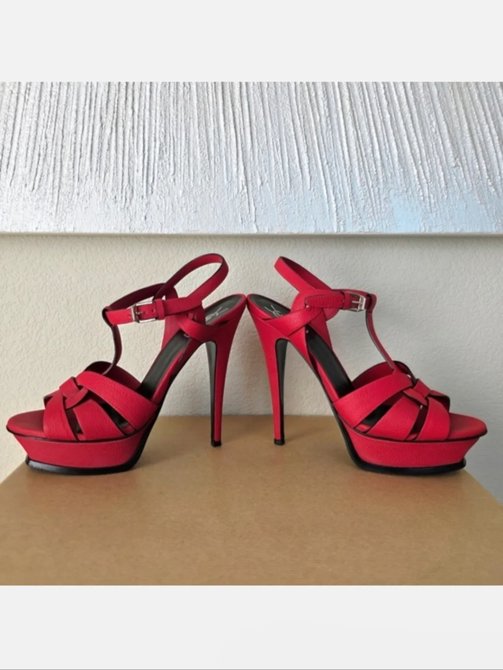 YSL Yves Saint Laurent Red Leather Strappy Ankle Strap High Heels EU38 / US8