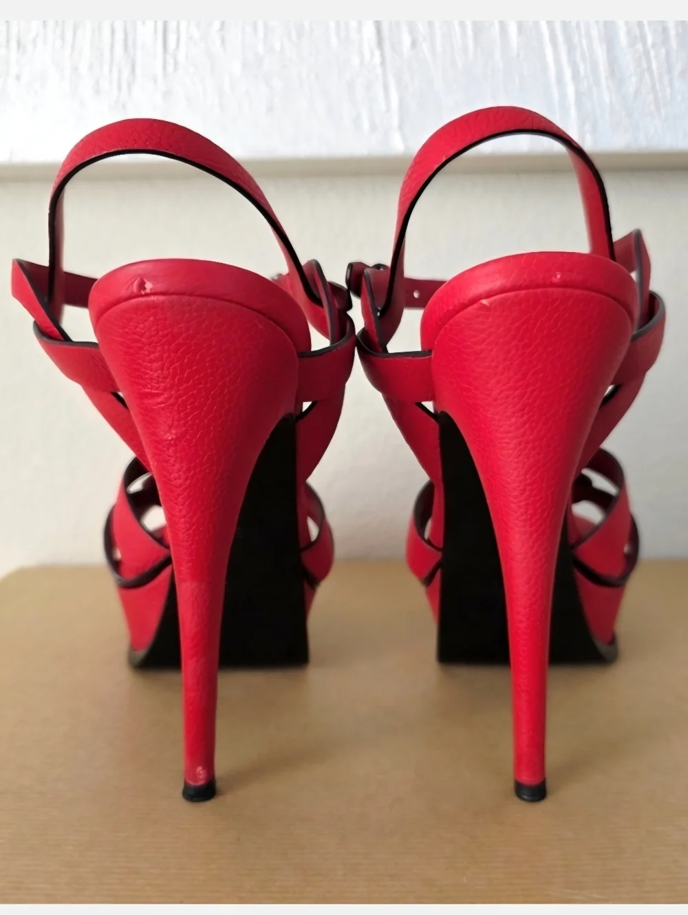 YSL Yves Saint Laurent Red Leather Strappy Ankle Strap High Heels EU38 / US8