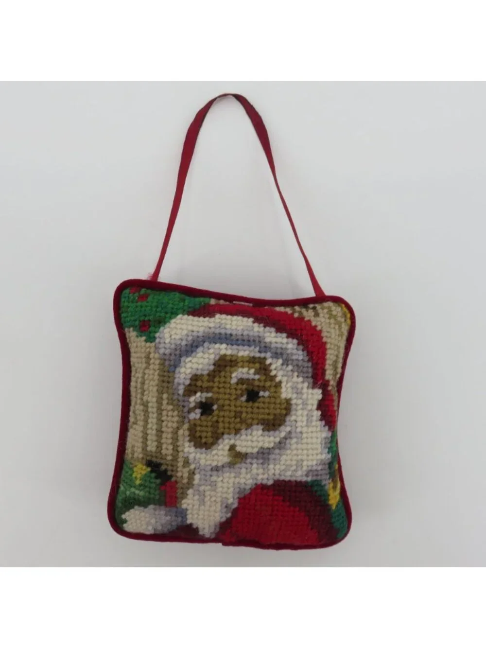Santa Claus Papa Noel Wool Needlepoint Red Velvet Door Hanger Ornament Christmas