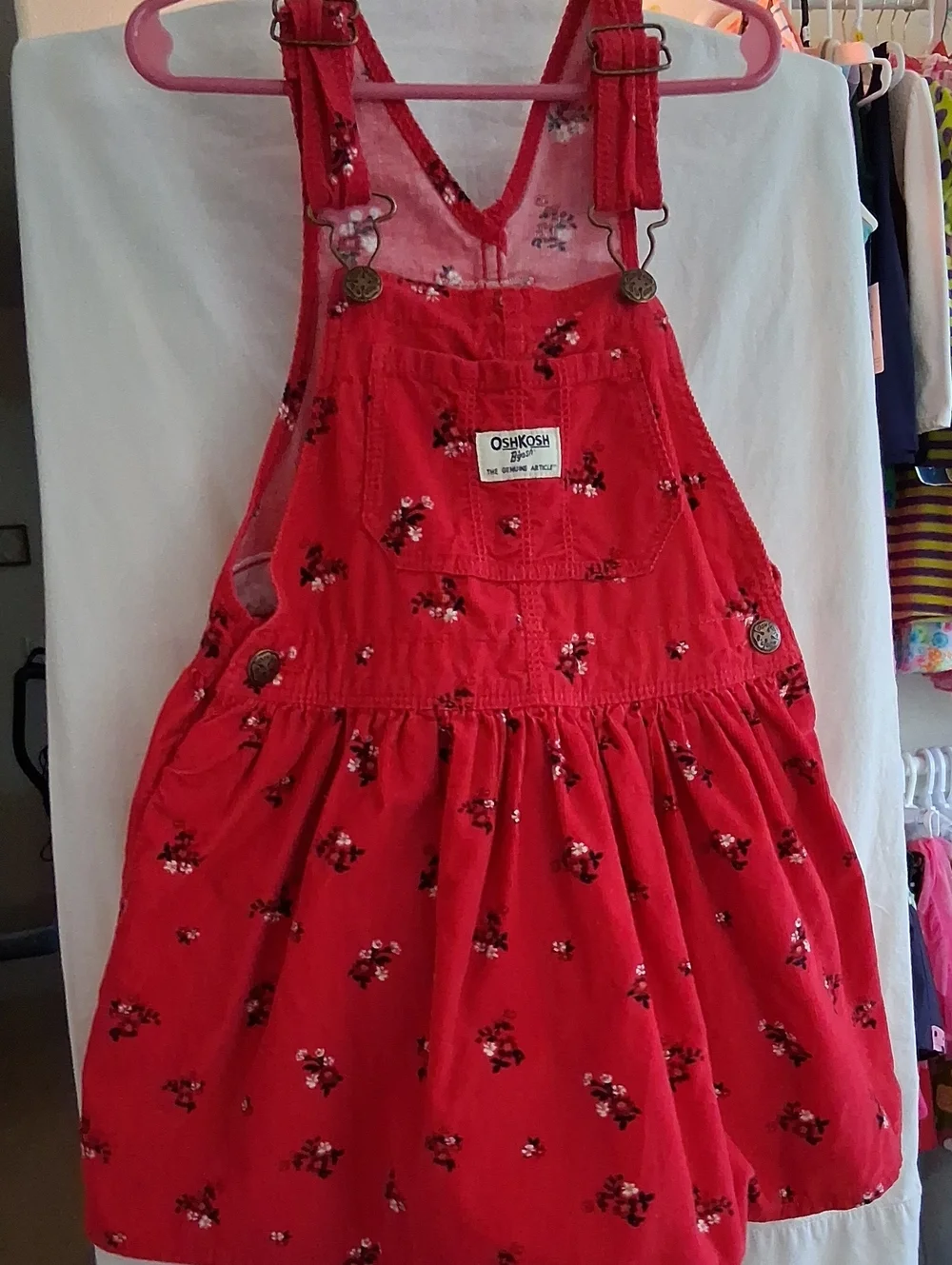 Adorable OshKosh B'gosh Red Floral Corduroy Pinafore Overall Dress