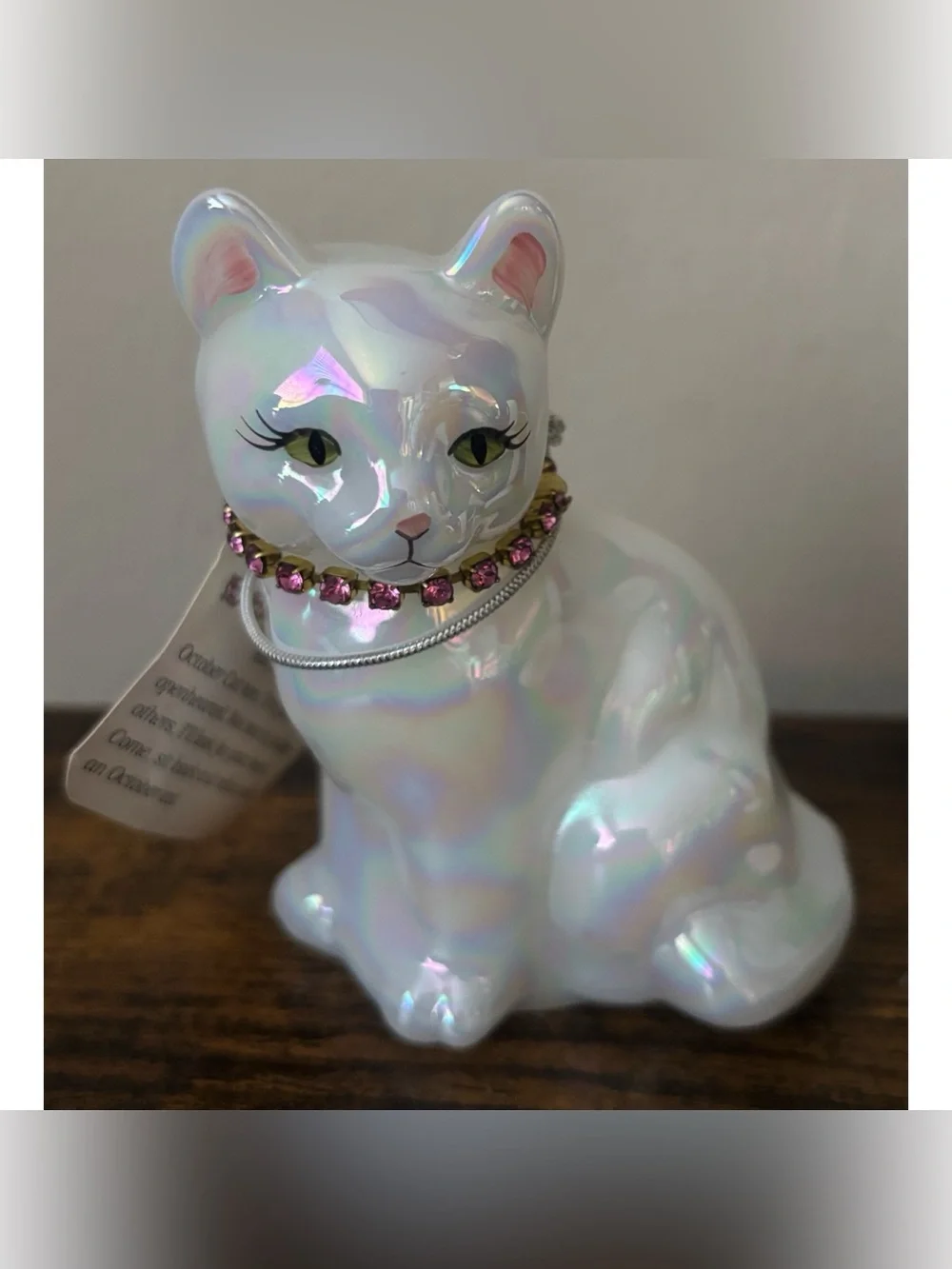 Vintage Fenton Opal Iridescent October Cat ~ Rose Zircon  - UV Glow - Marked