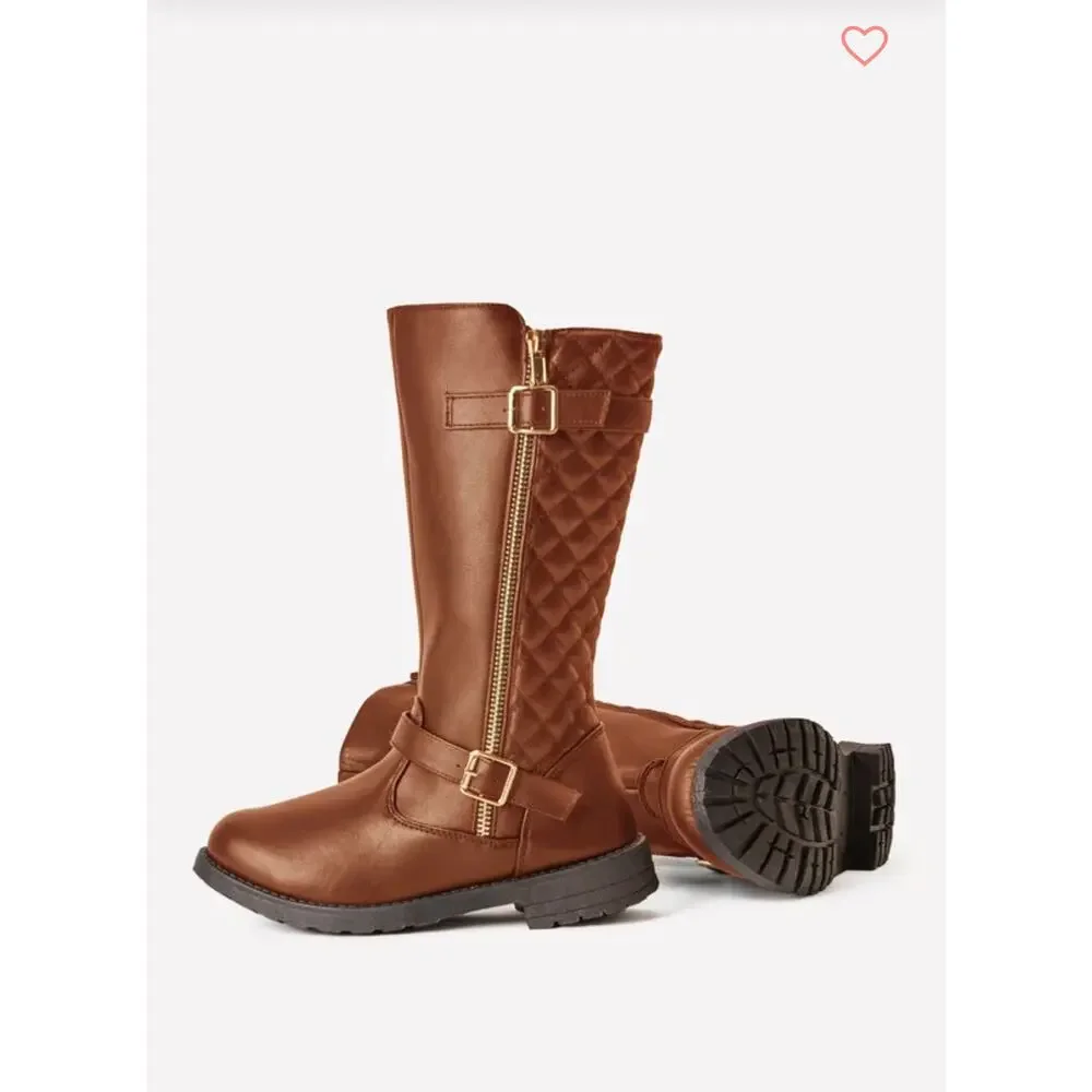 FabKids Brown Quilted Moto Boots - Girls Size 5