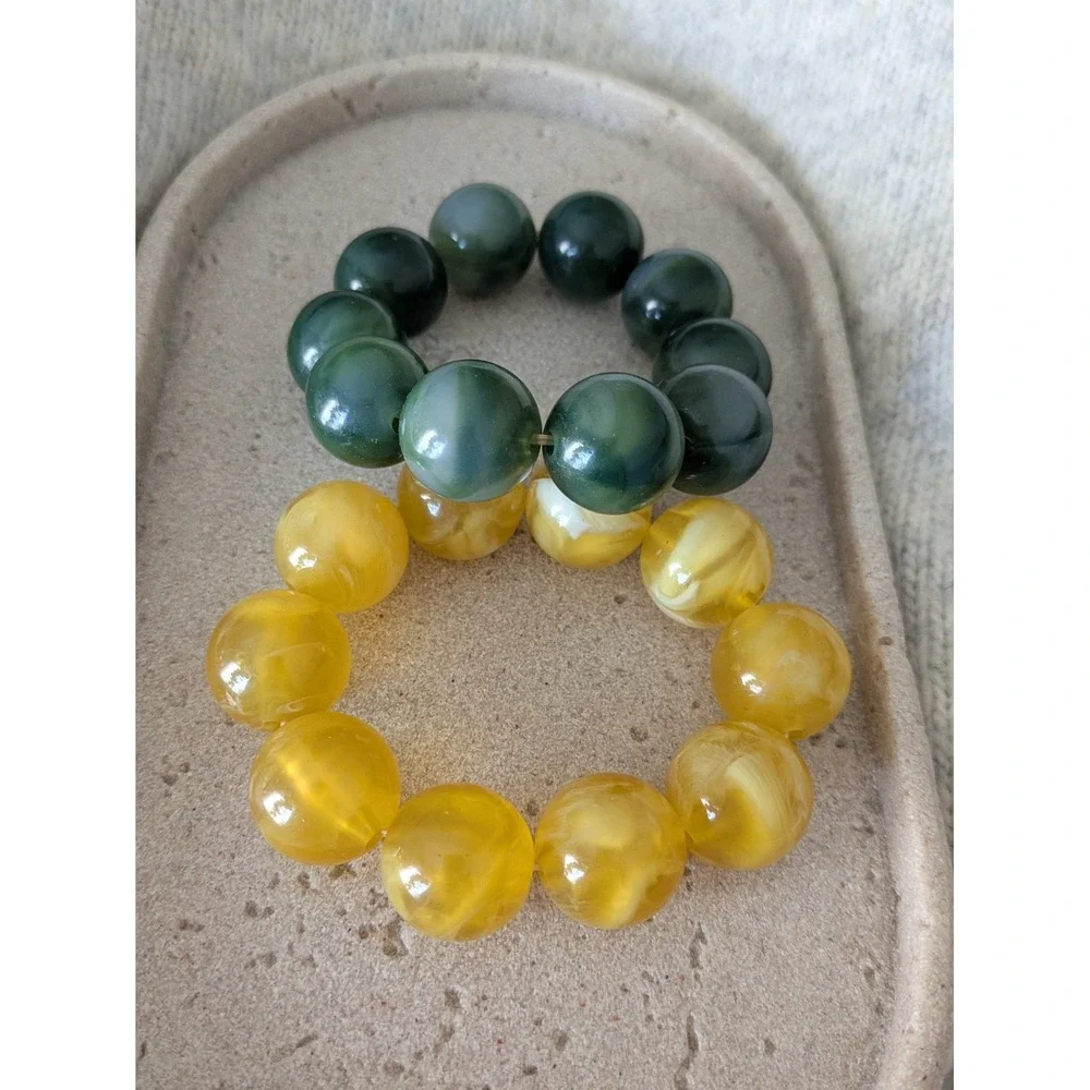 Chunky Bracelet Set Of 2 Marbled Beads Yellow & Green Statement Costume Stretch