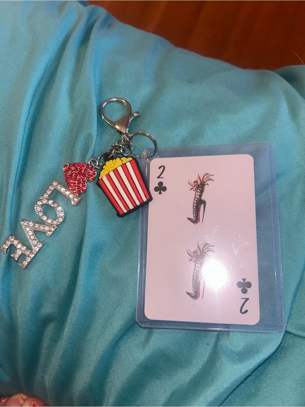 Christian Louboutin 2 of clubs in case  w/LOVE' Keychain &  Popcorn Charm