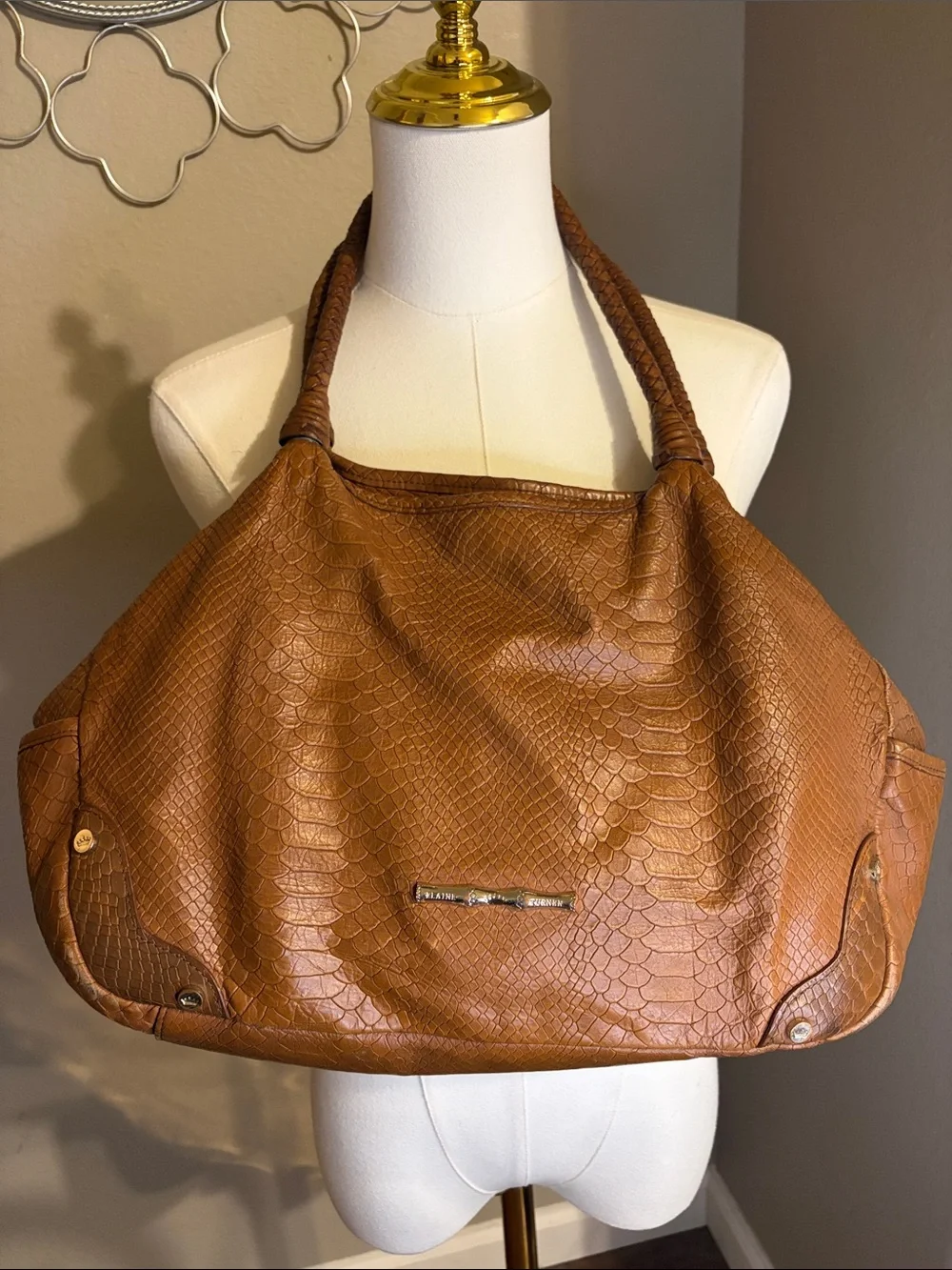 Elaine Turner Large Brown Snakeskin Embossed Hobo Shoulder Bag Vegan Leather