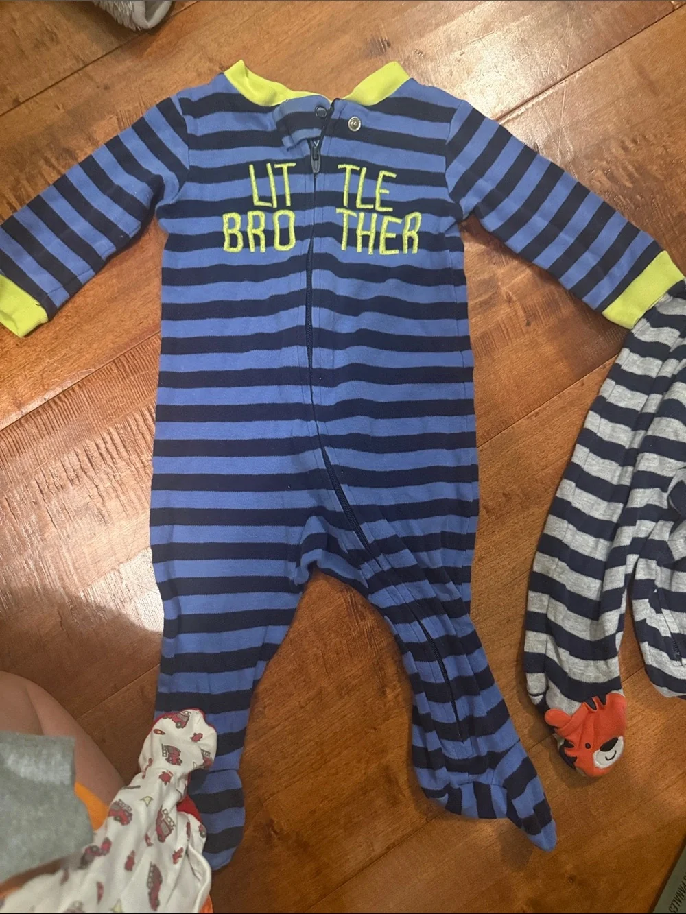 Set of 2 Carter's Blue & Gray Striped Footies with Lion and 'Little Brother'