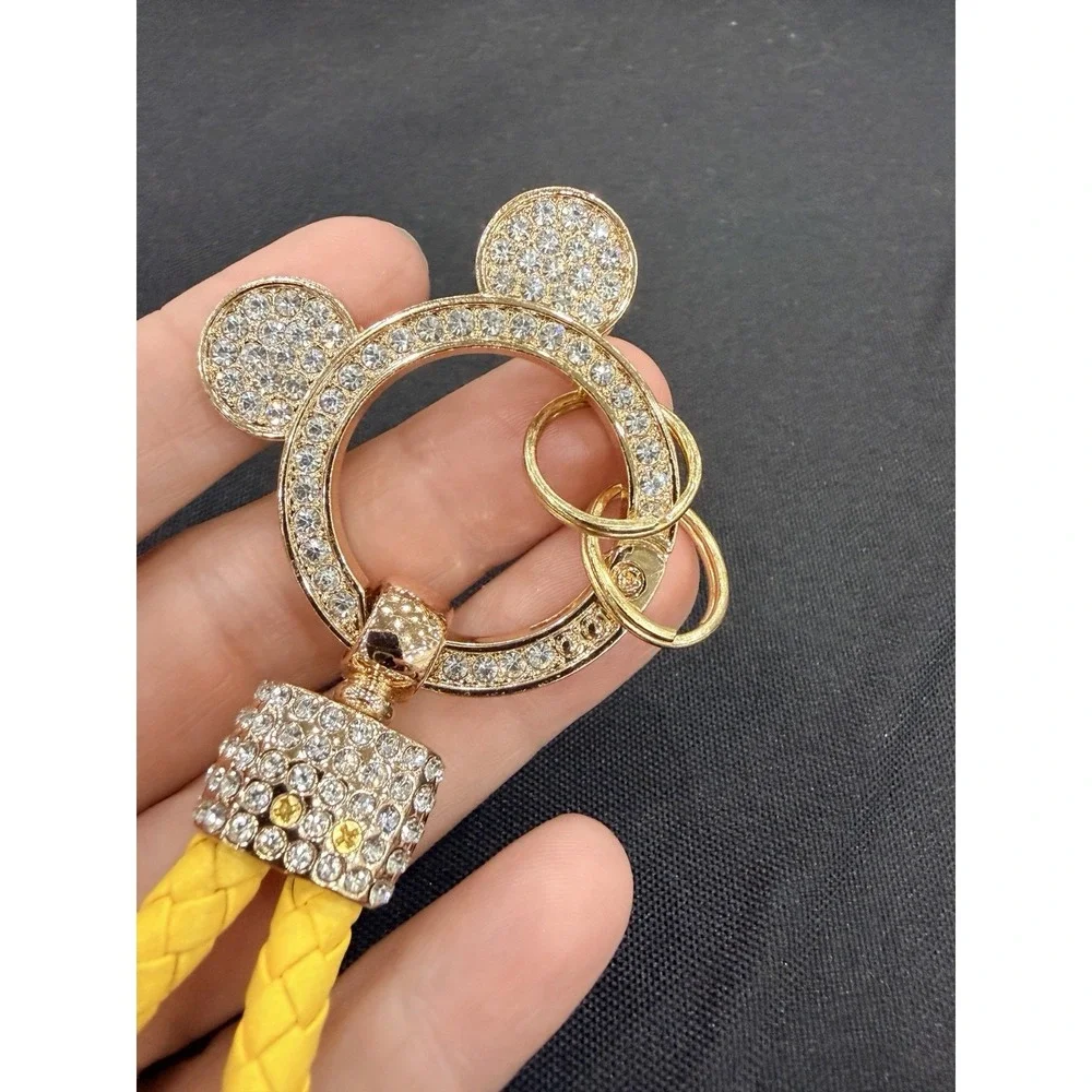 Leather Braided Rope Keychain Pendant Key Car Holder Keyring Mickey Ears Yellow