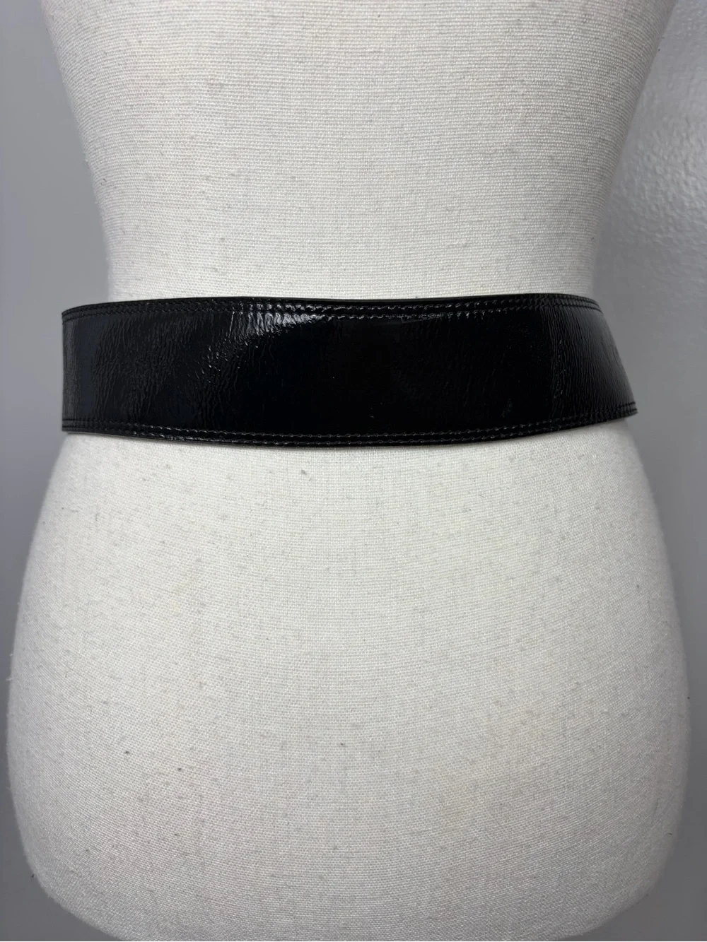 Vintage Patent leather Black Wide Belt with Double Ring buckle