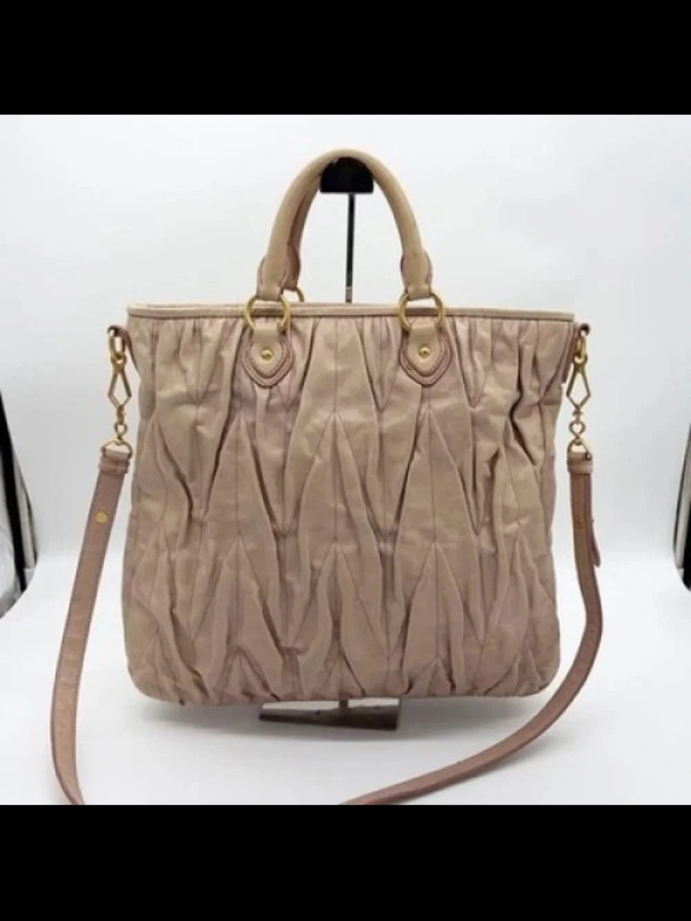 Miu Miu Dusty Pink Ruched Leather Tote with Shoulder Strap