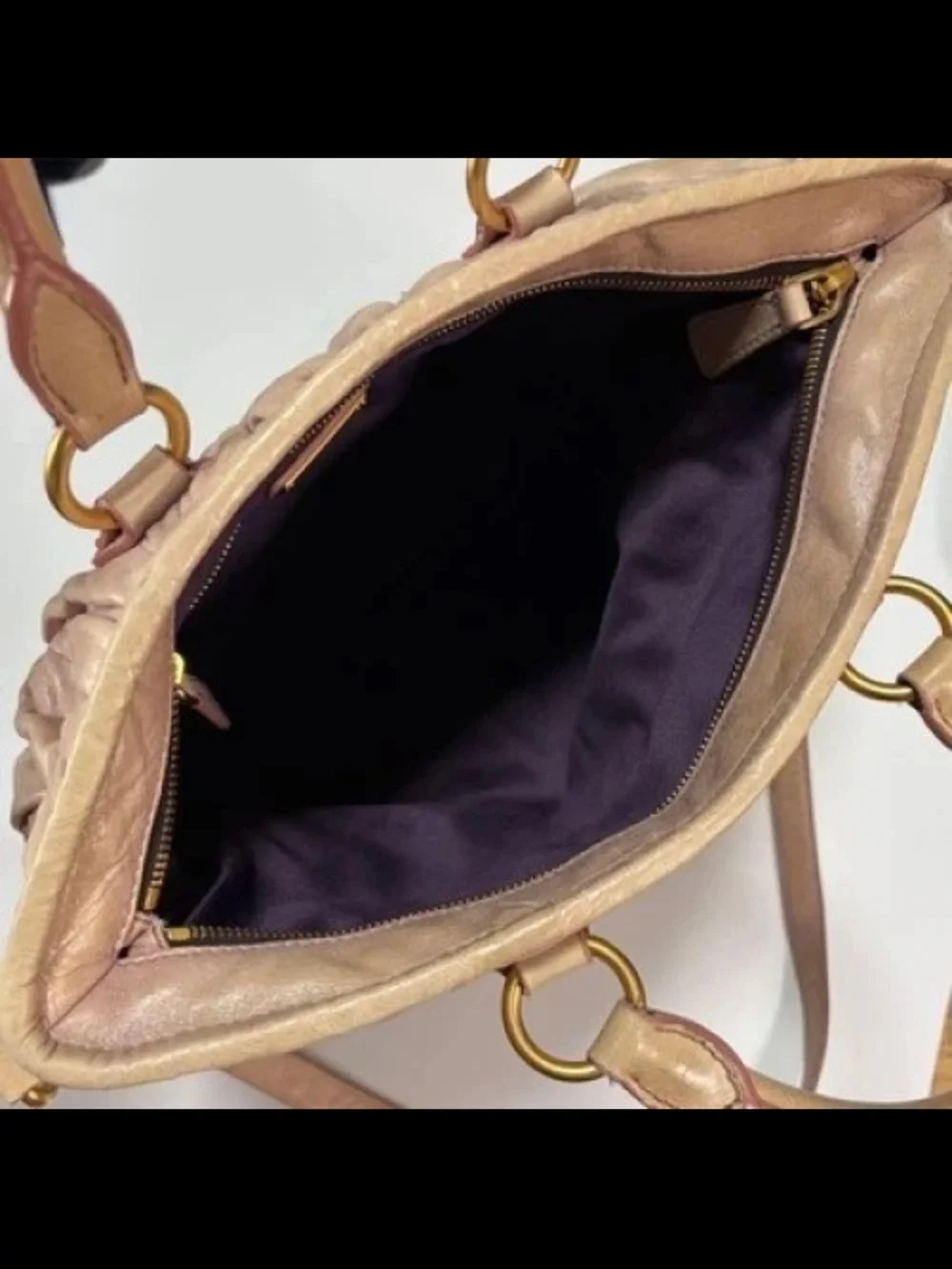 Miu Miu Dusty Pink Ruched Leather Tote with Shoulder Strap