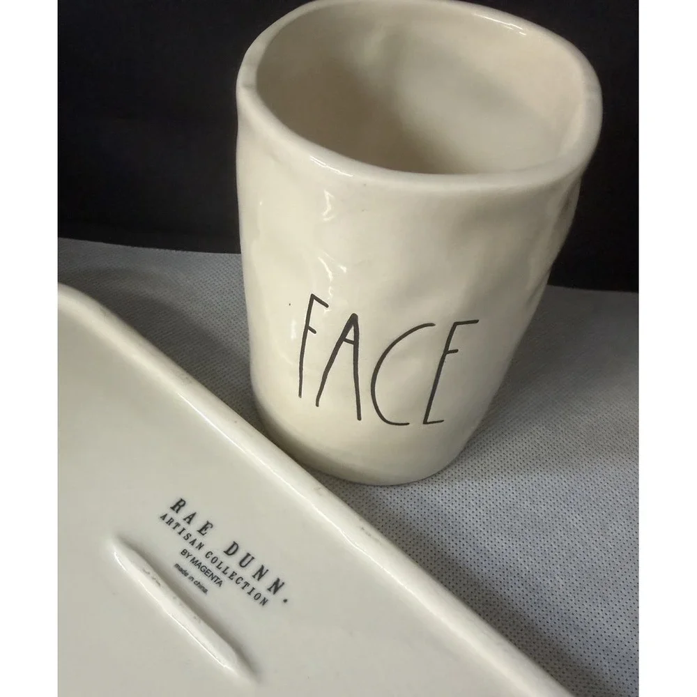 Rae Dunn FACE NAILS HAIR Cosmetic Holders Cup + Tray Long Skinny Letter Font