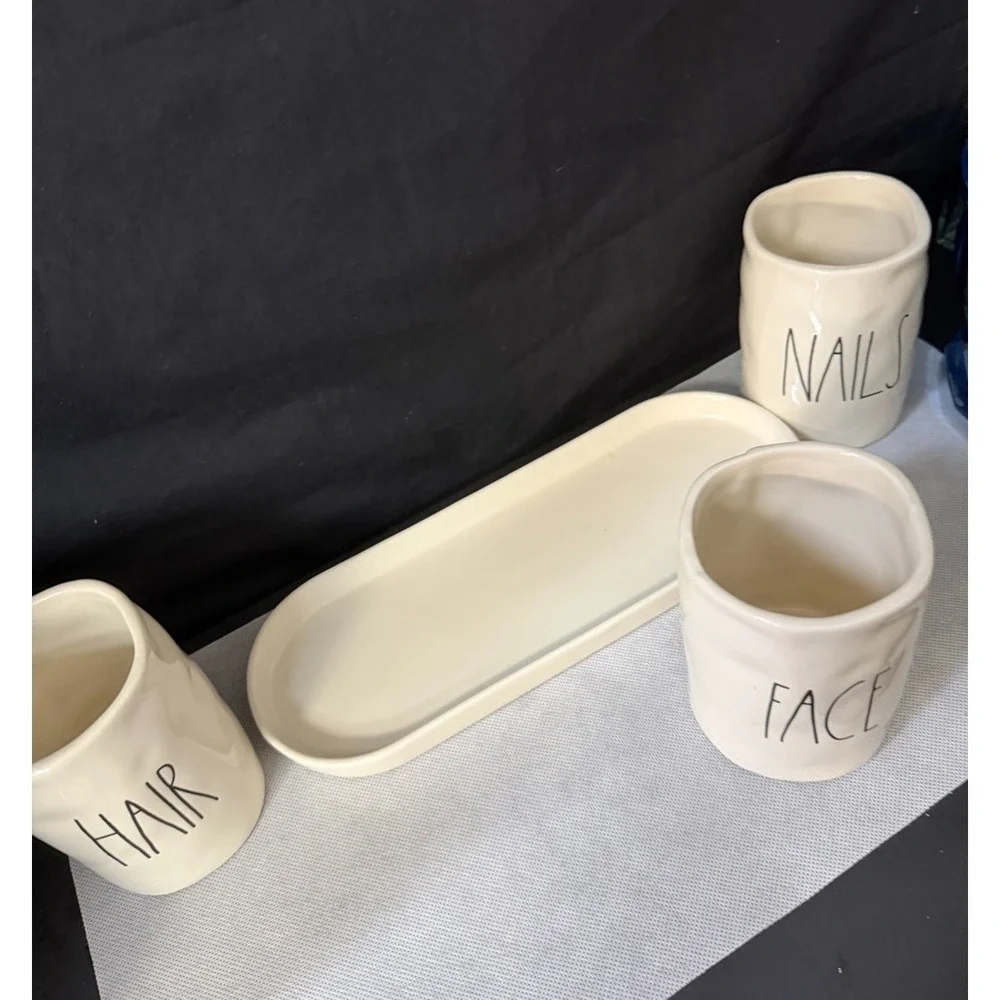 Rae Dunn FACE NAILS HAIR Cosmetic Holders Cup + Tray Long Skinny Letter Font