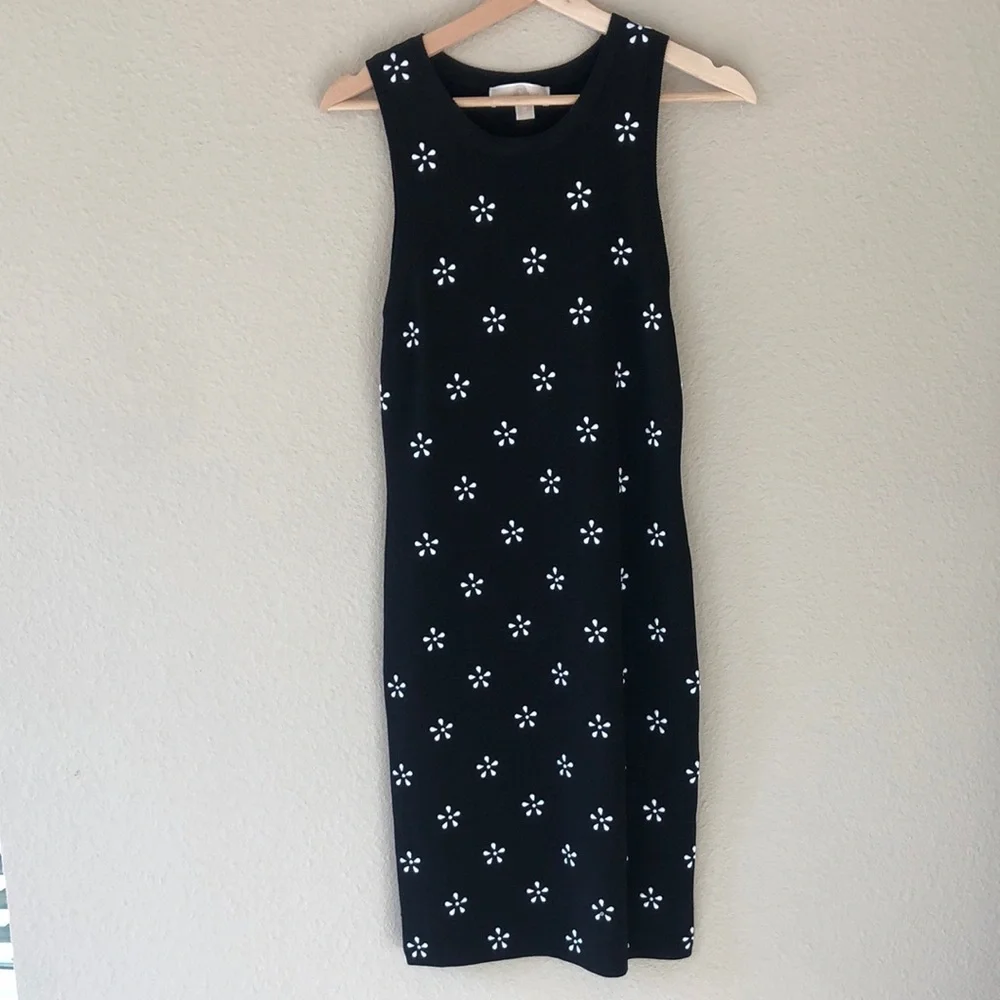 Michael Kors Black Knit Midi Dress Flower Embellished Size M