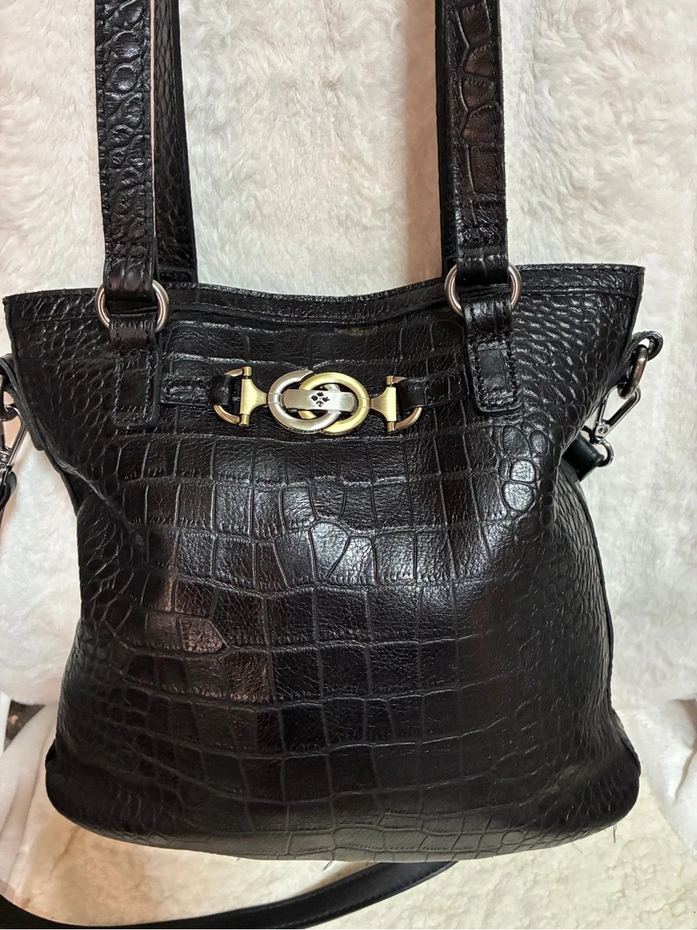 Patricia Nash Black Croc-Embossed Shoulder Bag with Gold Hardware