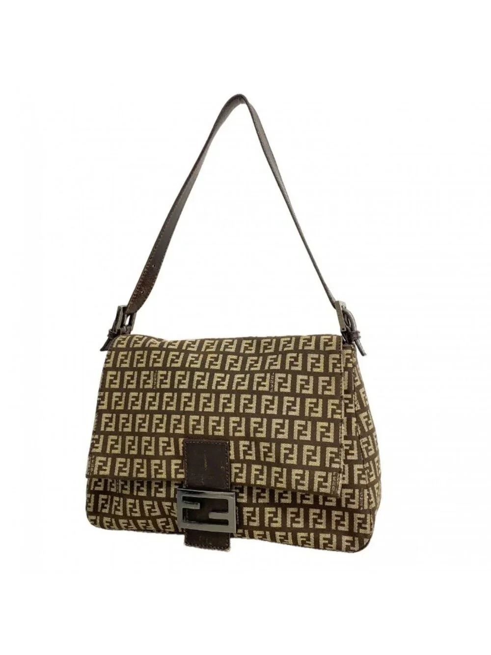 Fendi Handbag Zucchino Mamma Bucket Nylon Canvas Brown Silver