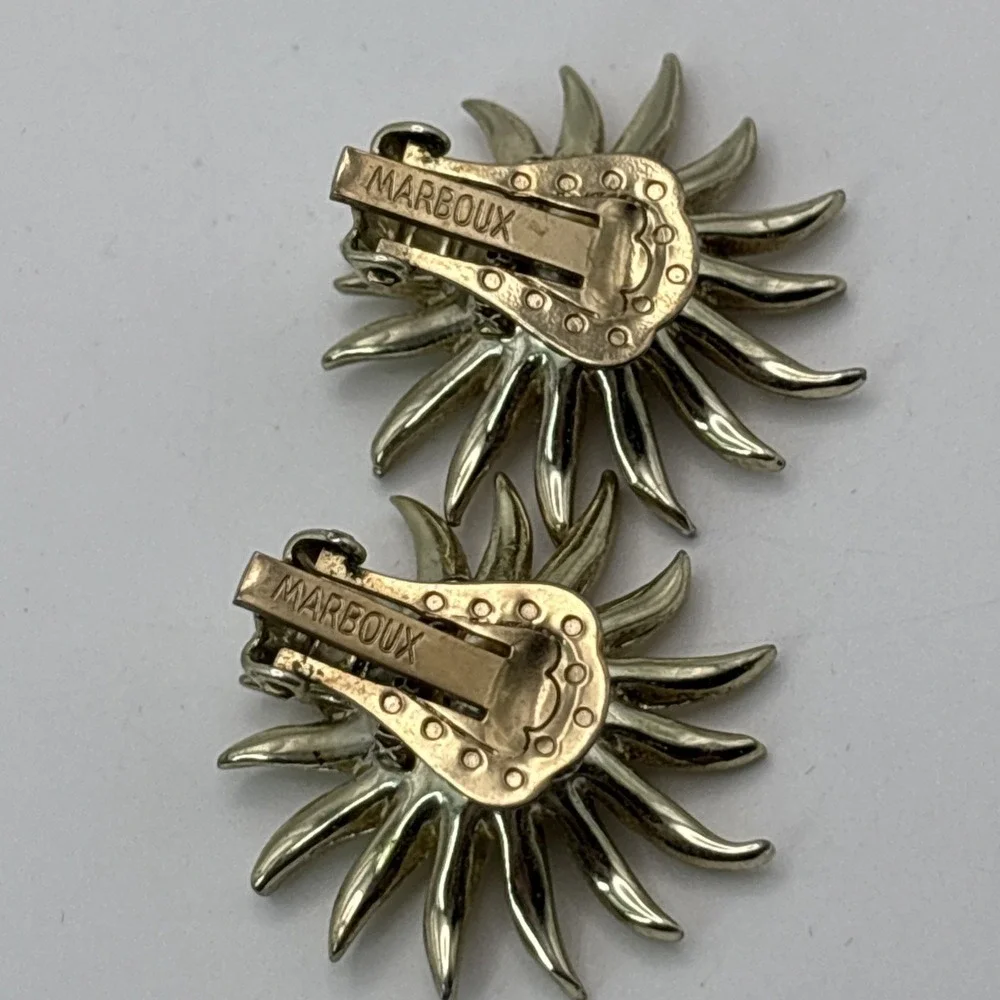 Vintage Marboux Clip On Gold Tone Earrings Sun Sunburst Flower Rhinestones