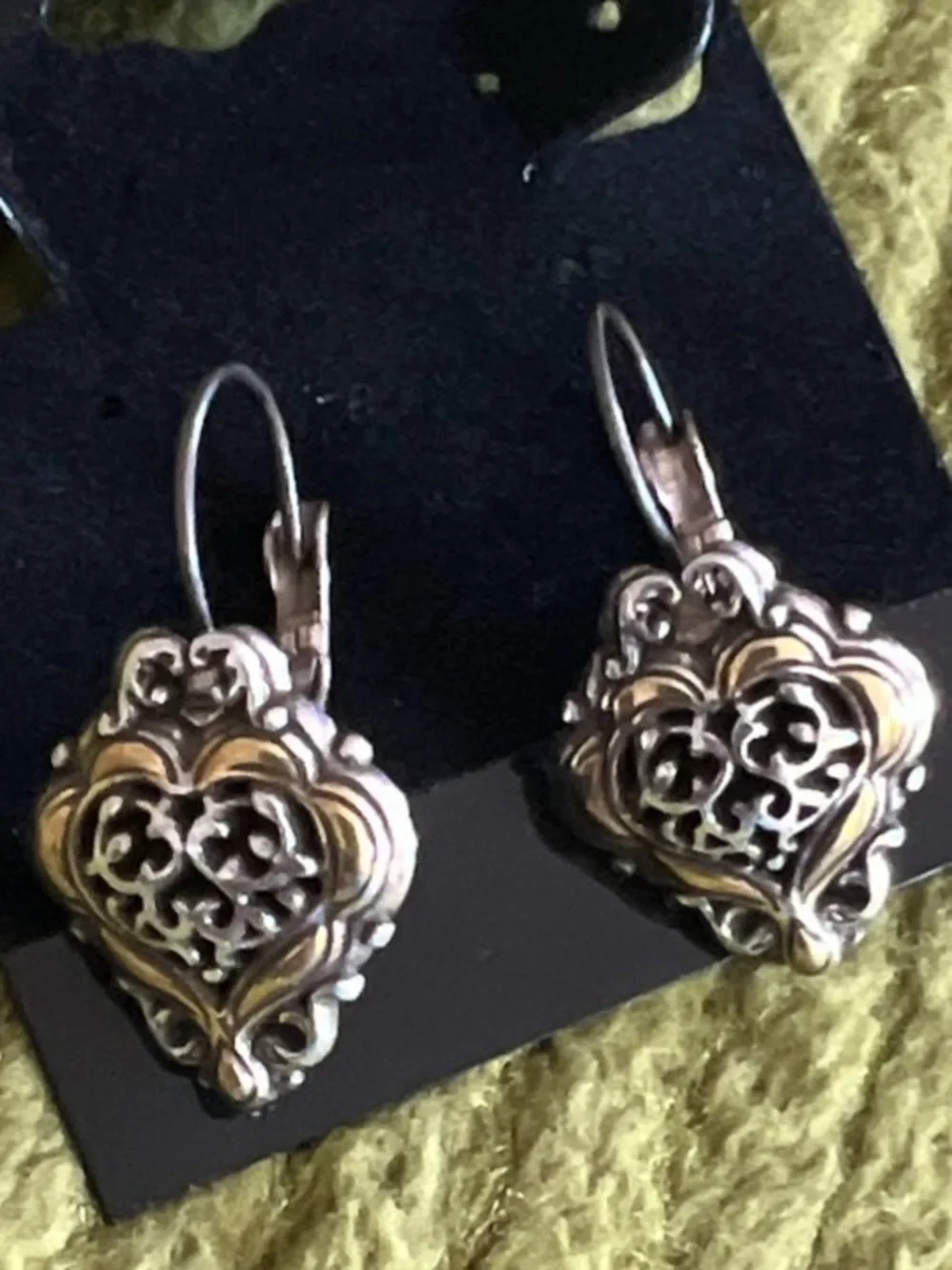 Brighton stylish Vintage Two-Tone Heart Filigree Drop Earrings - Gold and Silver