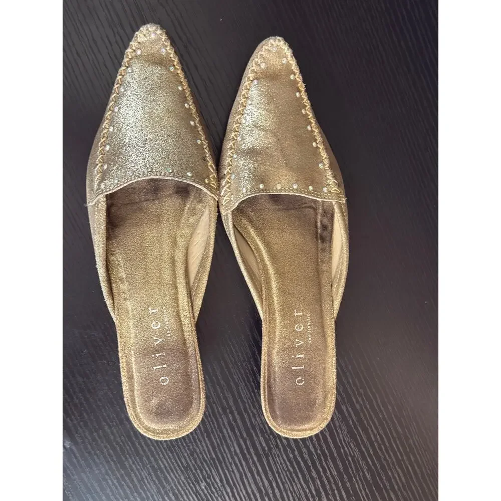 Oliver Addie Khaki Metallic Gold Leather Kitten Heel Mules Size 8 Pointed Toe