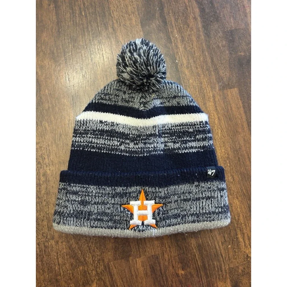47 Brand Houston Astros Cuffed Knit Beanie Hat Pom Pom Gray Navy OSFA MLB
