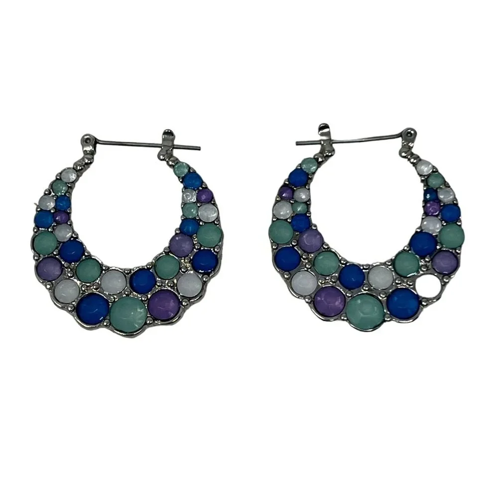 Hoop Earrings Silvertone Purple Blue White Faceted Bubble‎ Hinged Back