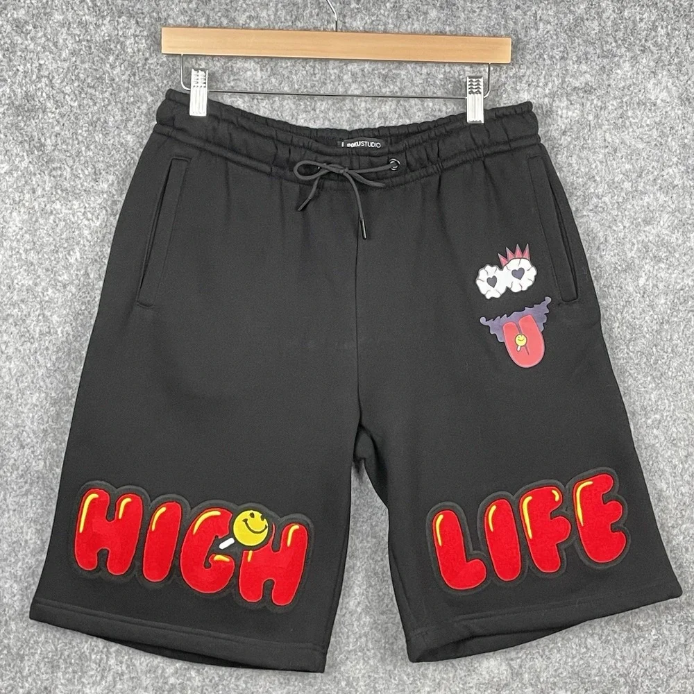 Roku Studio High Life Cartoon Graphic Fleece Shorts Mens L Streetwear Embroidery
