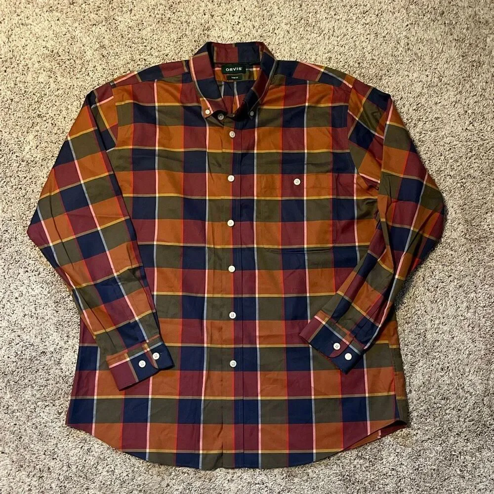 Orvis Trim Fit Plaid Long Sleeve Button‎ Up Shirt Size XL