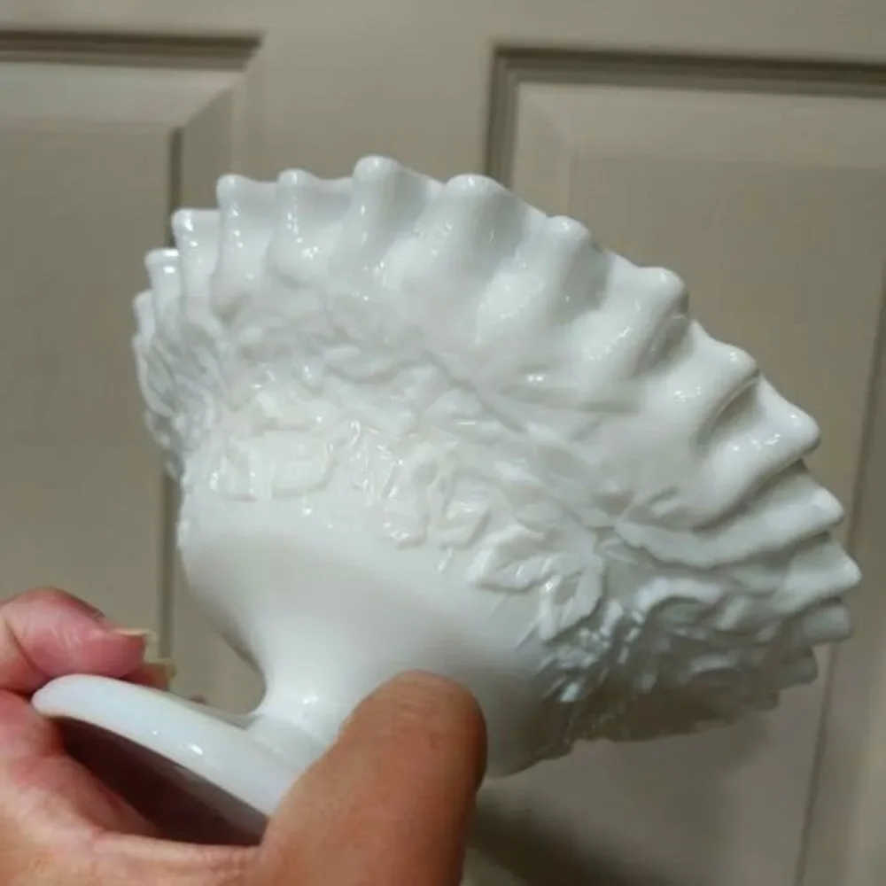 Milk glass ruffled edge grape leaf footed bowl