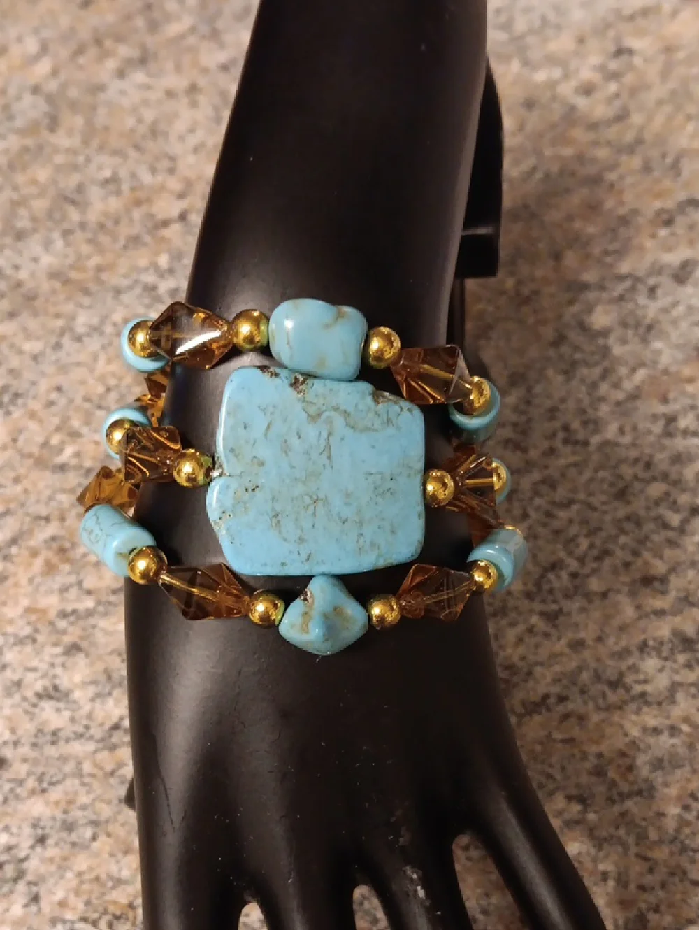 Handmade BEADED THREE TIER TURQUOISE AND Gold GLASS BEADED BRACLET