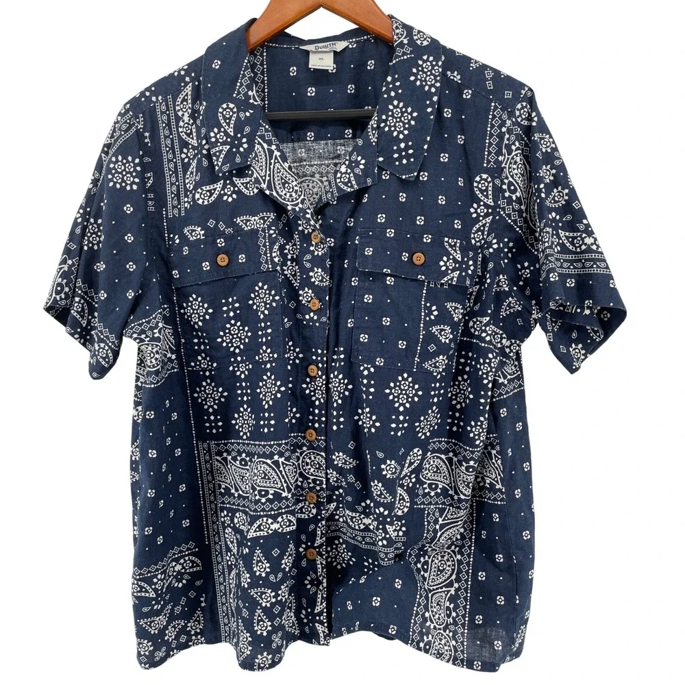 Duluth Trading Co Button Up Shirt Mens XL Blue Bandana Americana‎ Hemp Cotton