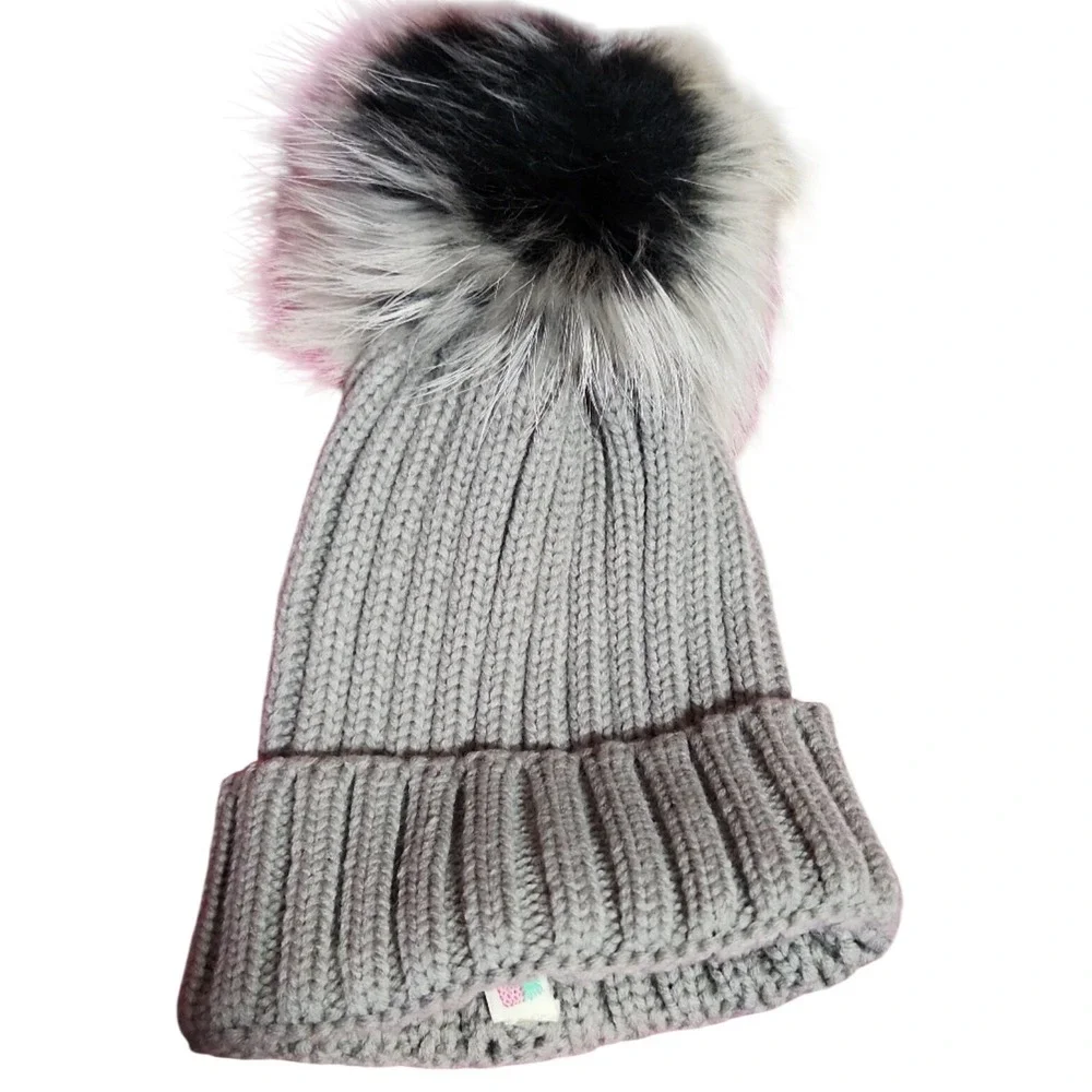 PINK Victoria's‎ Secret 100% WOOL Beanie - REMOVABLE Pom Pom - Grey Thick Knit