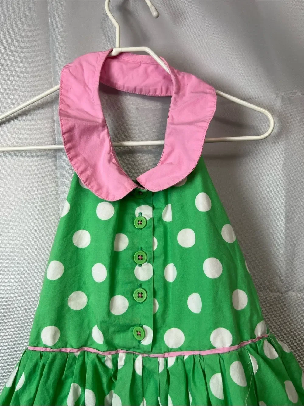 Mini Boden green and white polkadot smocked back halter dress Peter Pan collar
