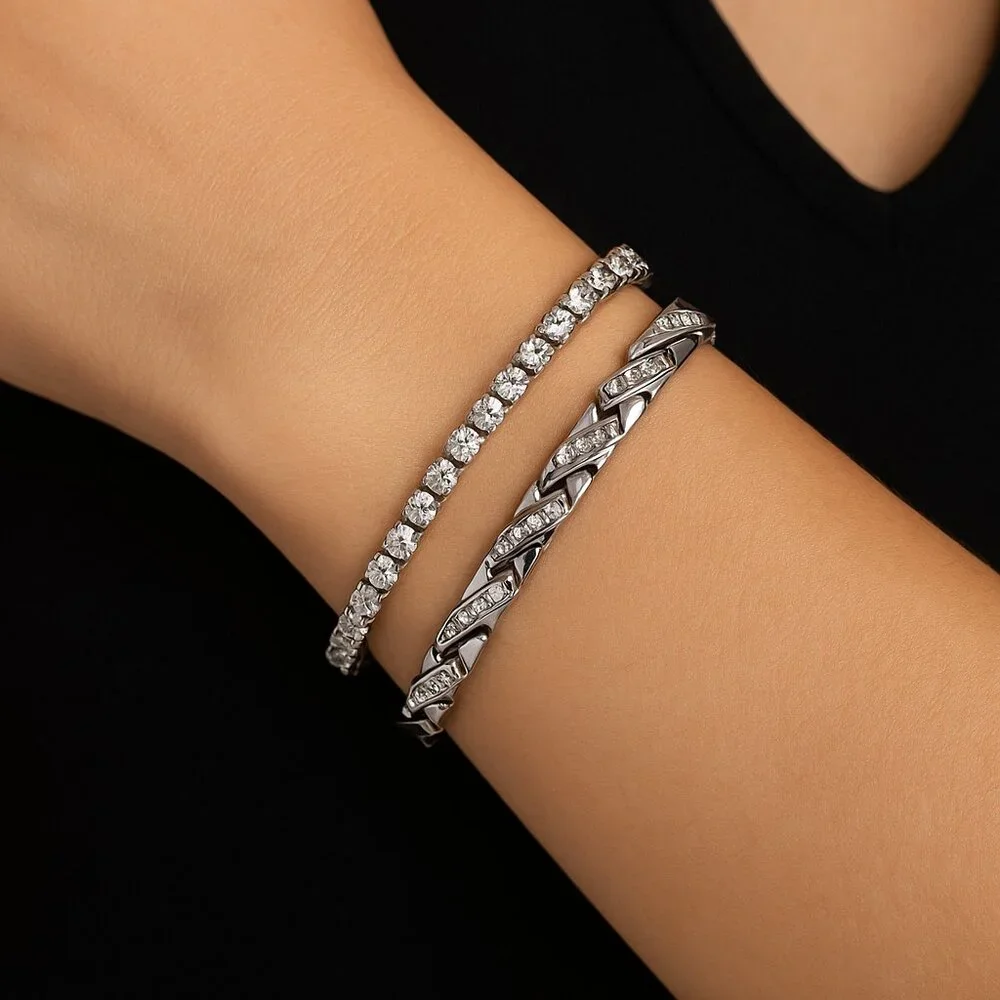 Silver-Tone‎ Rhinestone Bracelet Stretch & Metal Rhinestone Bracelet Set