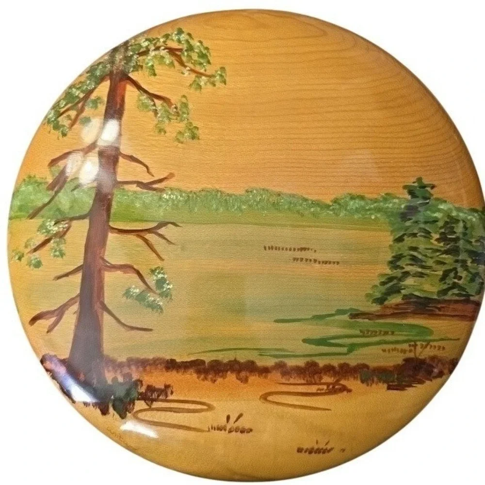 Oregon Myrtlewood Hand Painted Landscape Wall Plaque Anita Signed 12 Inch Round‎