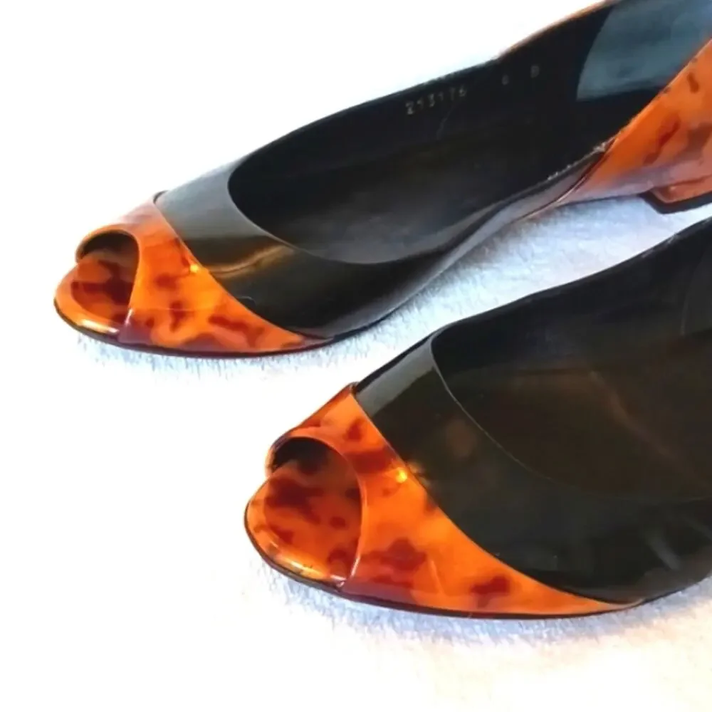 GUCCI Patent Leather Leopard Flats 6B Orange Brown Animal Print Open Toe Vintage