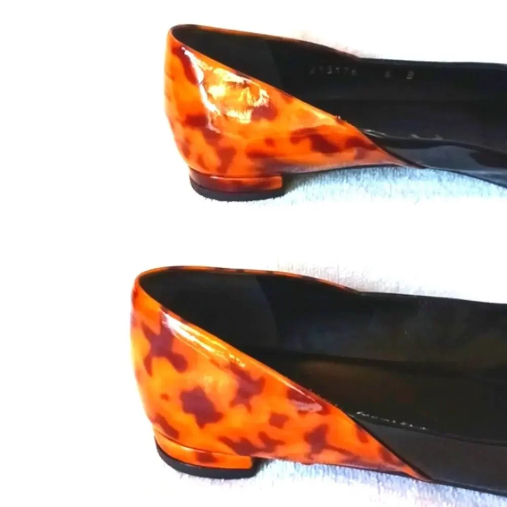 GUCCI Patent Leather Leopard Flats 6B Orange Brown Animal Print Open Toe Vintage