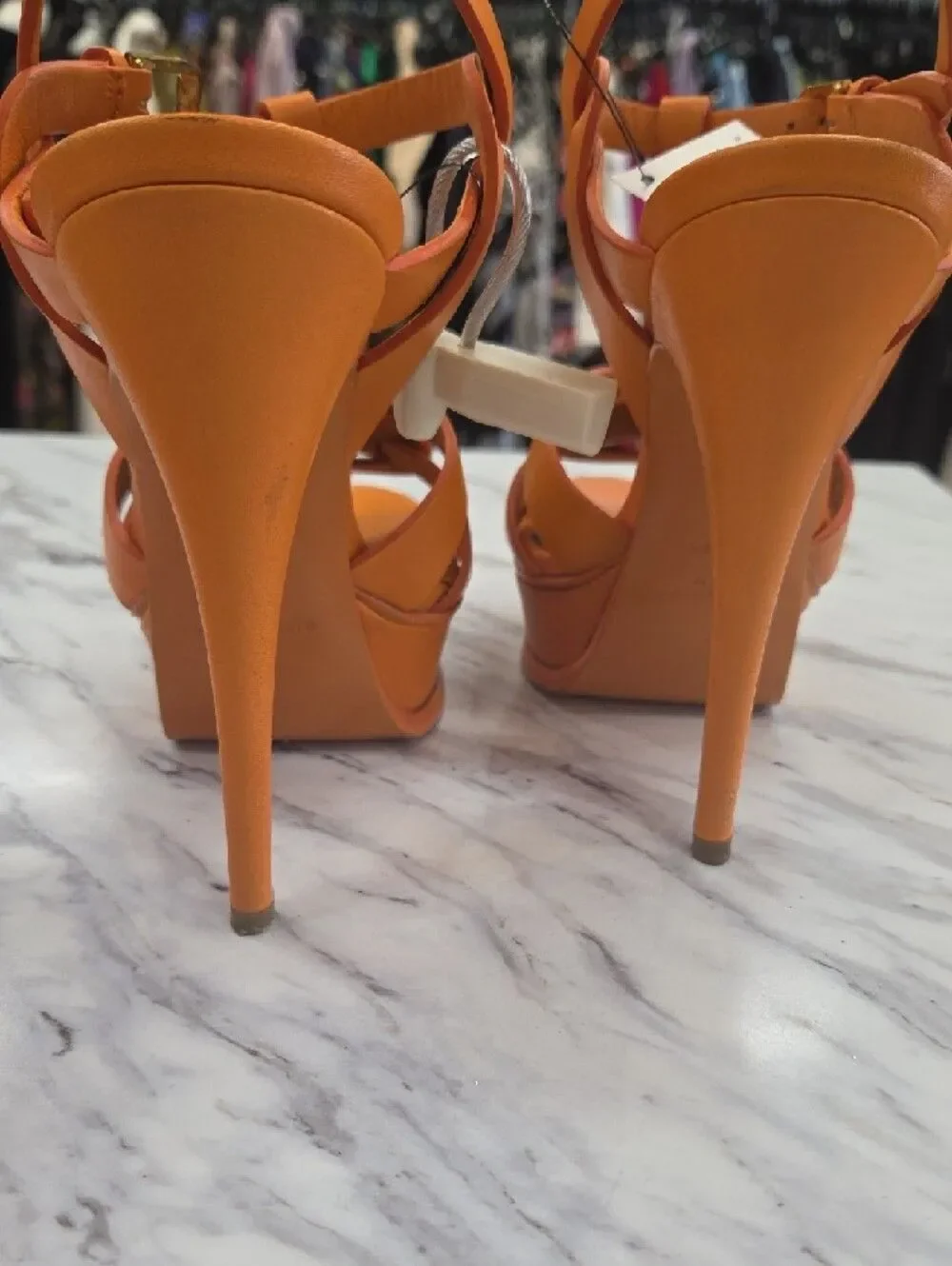 Yves Saint Laurent Orange Platform T-Strap Stiletto Sandals
