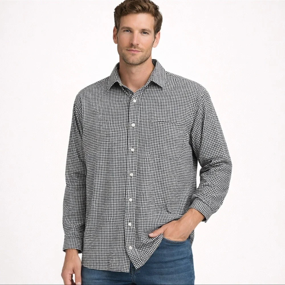 Cambridge Classics Men’s Houndstooth Flannel Shirt XLT Black White Cotton