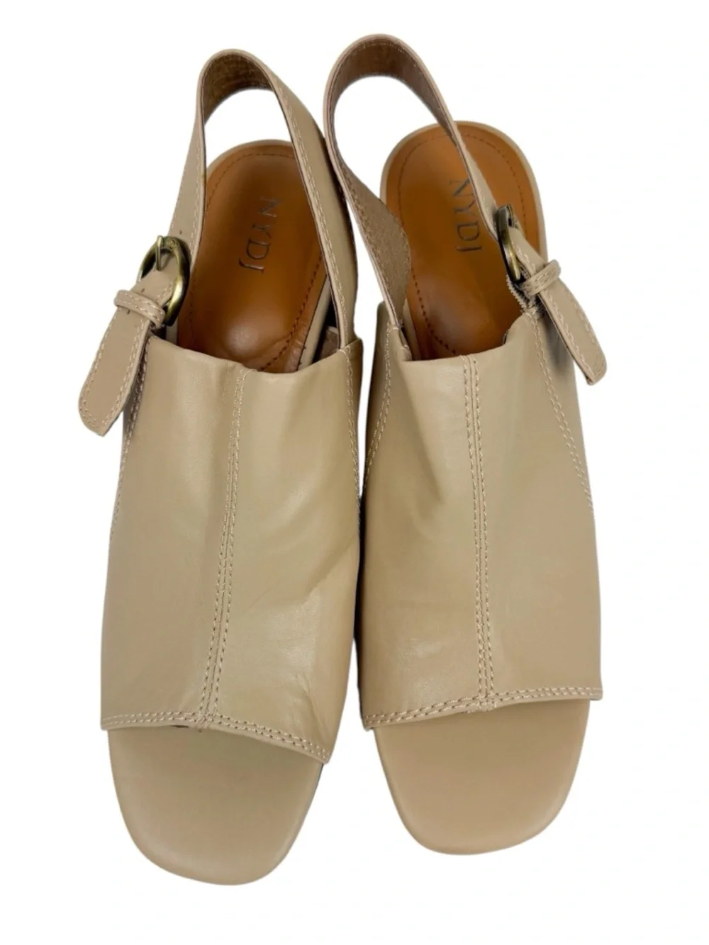NYDJ Lyssa Neutral Leather‎ Square Toe Block Heel Sandal Sand Size 9