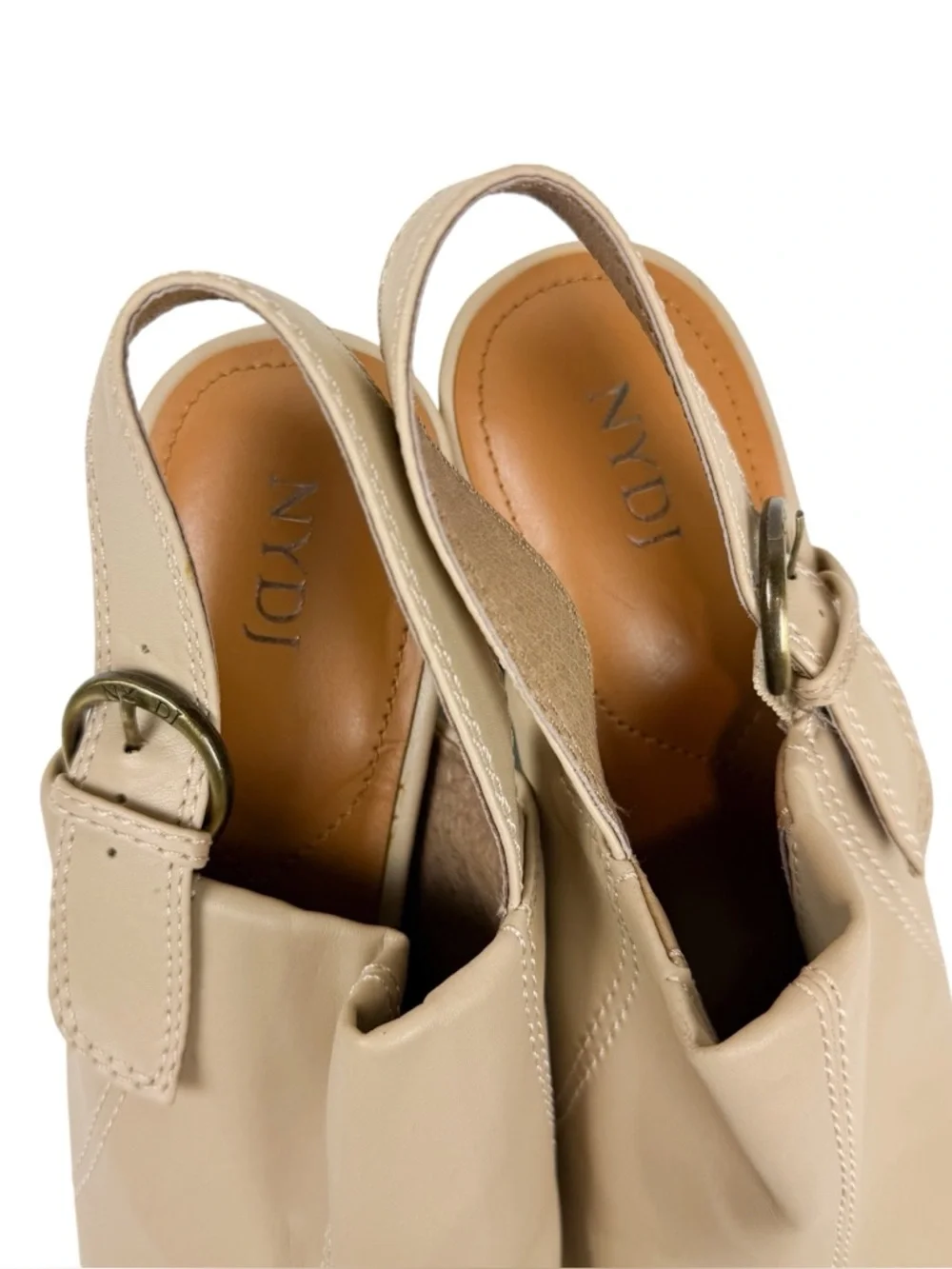 NYDJ Lyssa Neutral Leather‎ Square Toe Block Heel Sandal Sand Size 9