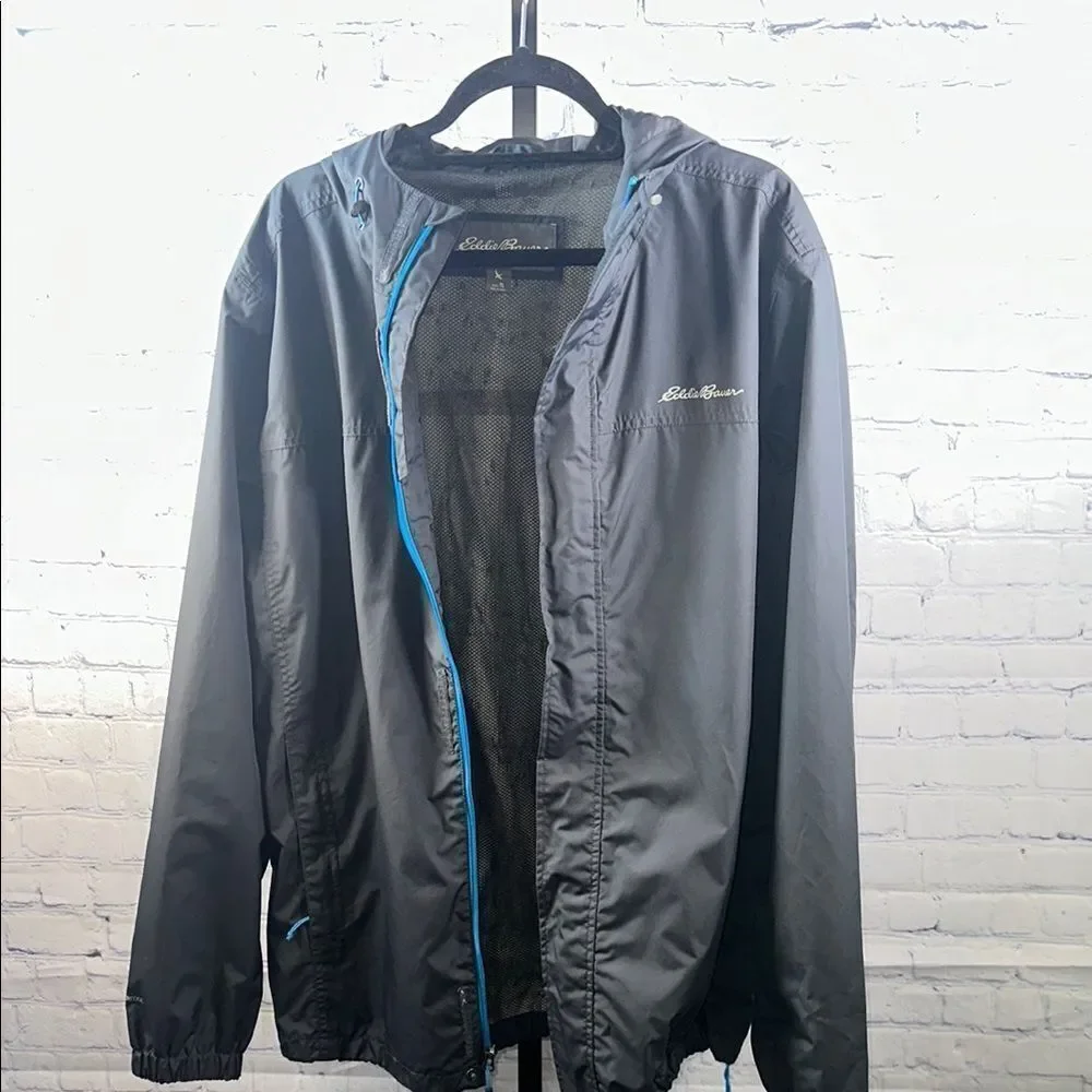 🧥 Eddie Bauer Men’s Gray Lightweight Hooded Windbreaker Jacket Sz Tall Large TL