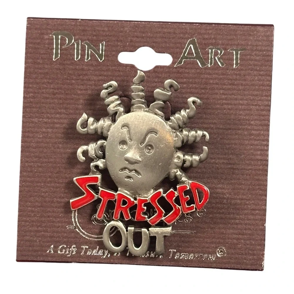 Vintage Stressed Out Pewter Brooch Pin Made in‎ USA