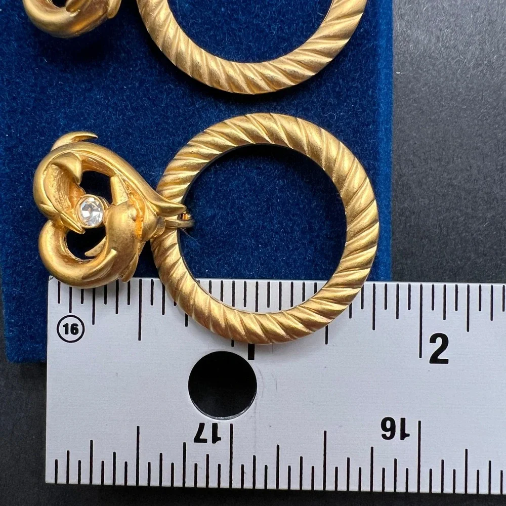 Vintage Door Knocker Earrings Gold Dolphin Heart Crystal Luminess Princess House