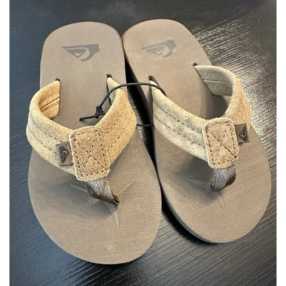New Quiksilver Boy's Brown Carver Suede Fixed Strap Kids Flip Flop - Size‎ 12