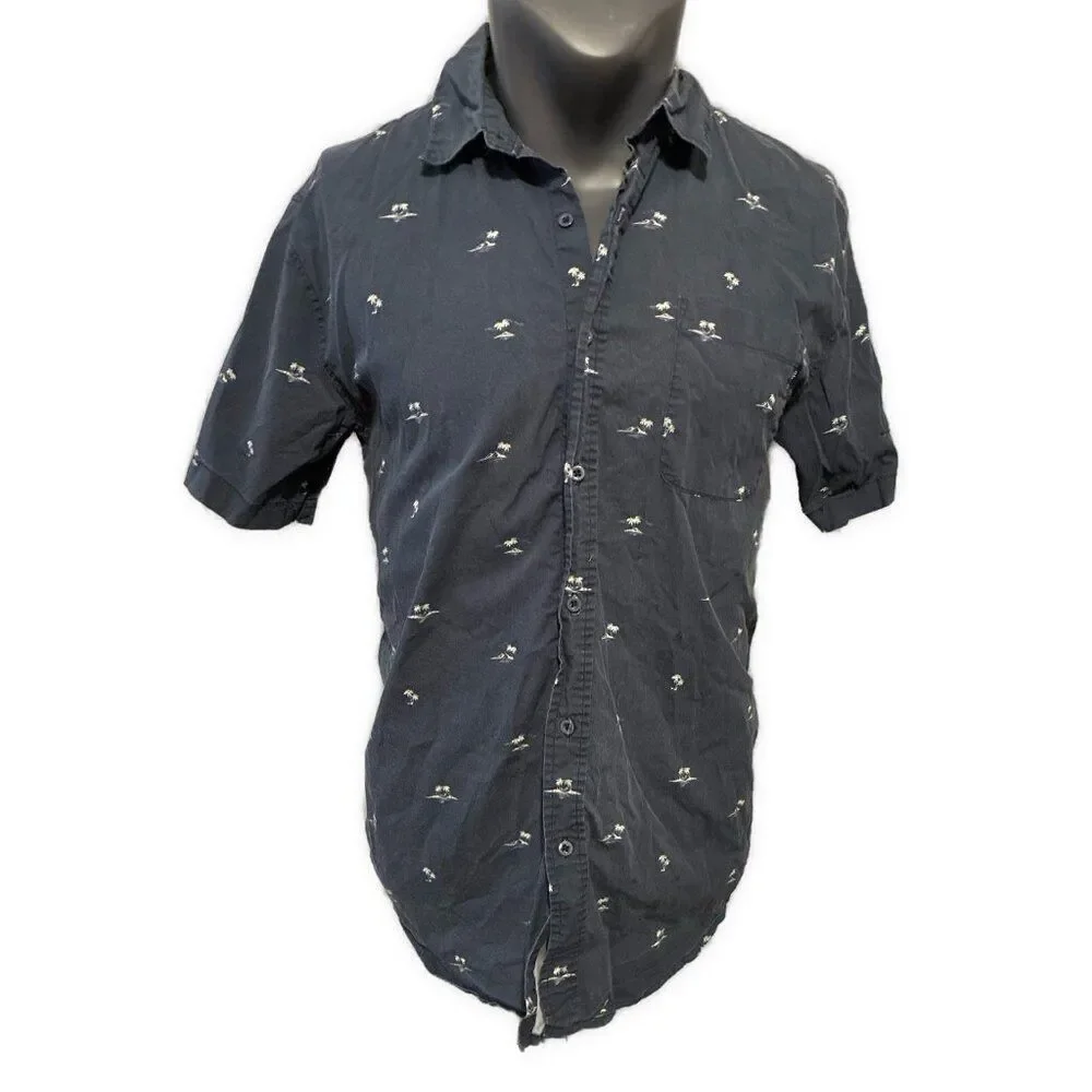 Alton Mens Dark Blue White Palm Tree Print Short Sleeve Button Down Shirt Xl